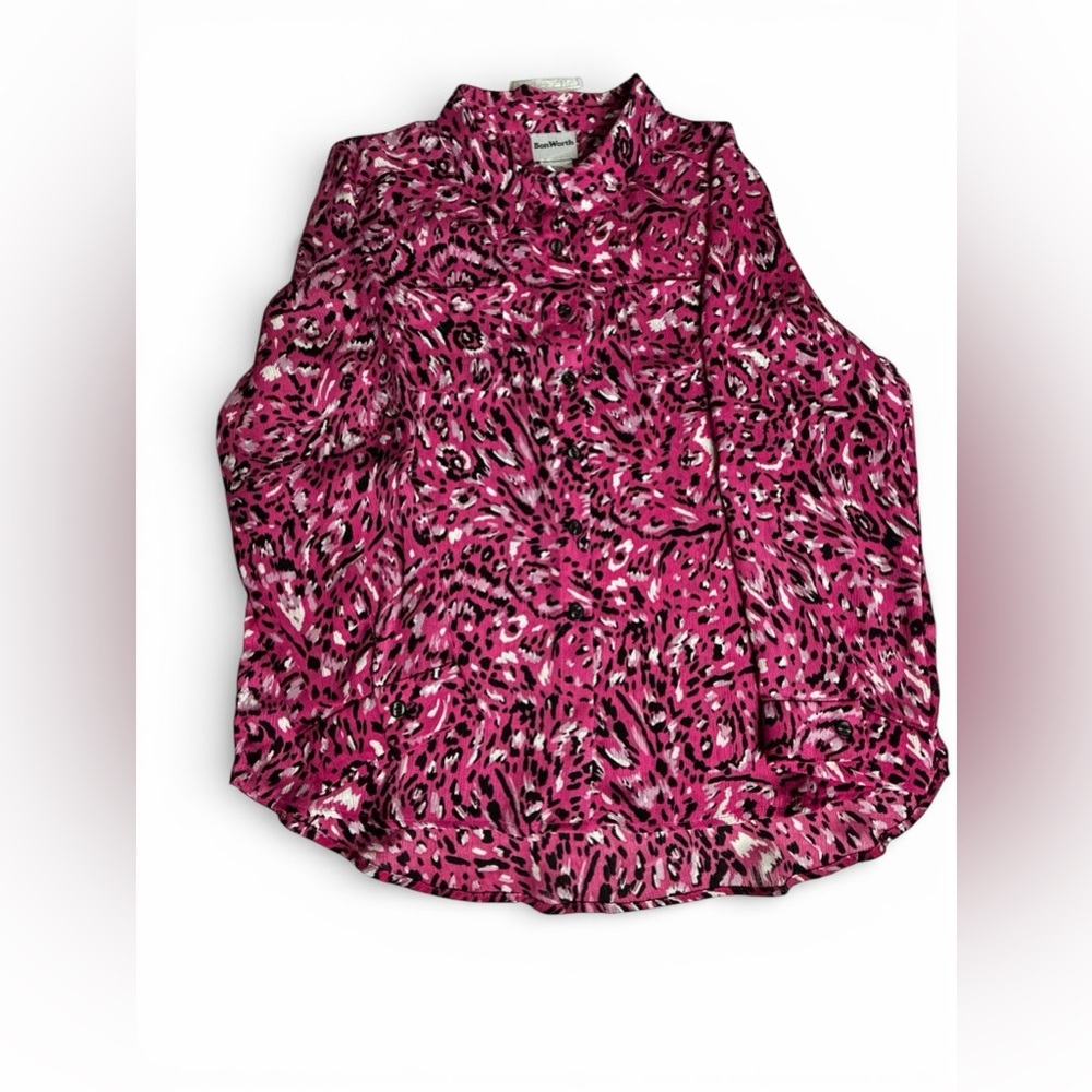 BonWorth Pink Leopard Print Button Down Blouse Petite Medium NWOT
